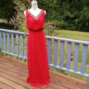 AGB Full Length Crinkle Dress Beaded Neckline XL